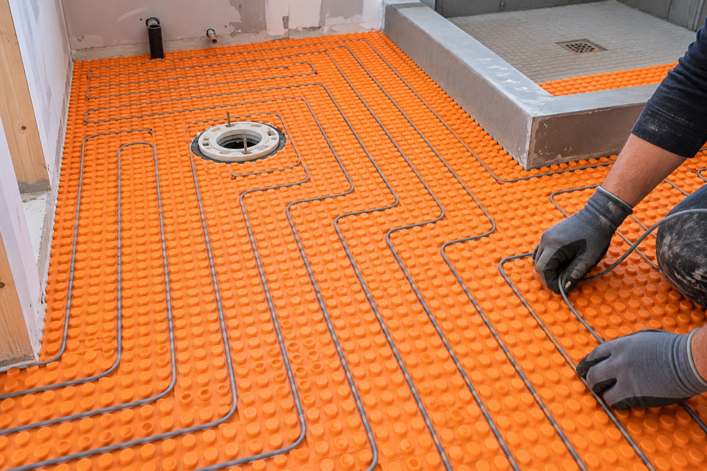 Electric floor heating cable routed through an orange uncoupling membrane around a toilet flange and shower curb in a Vancouver bathroom
