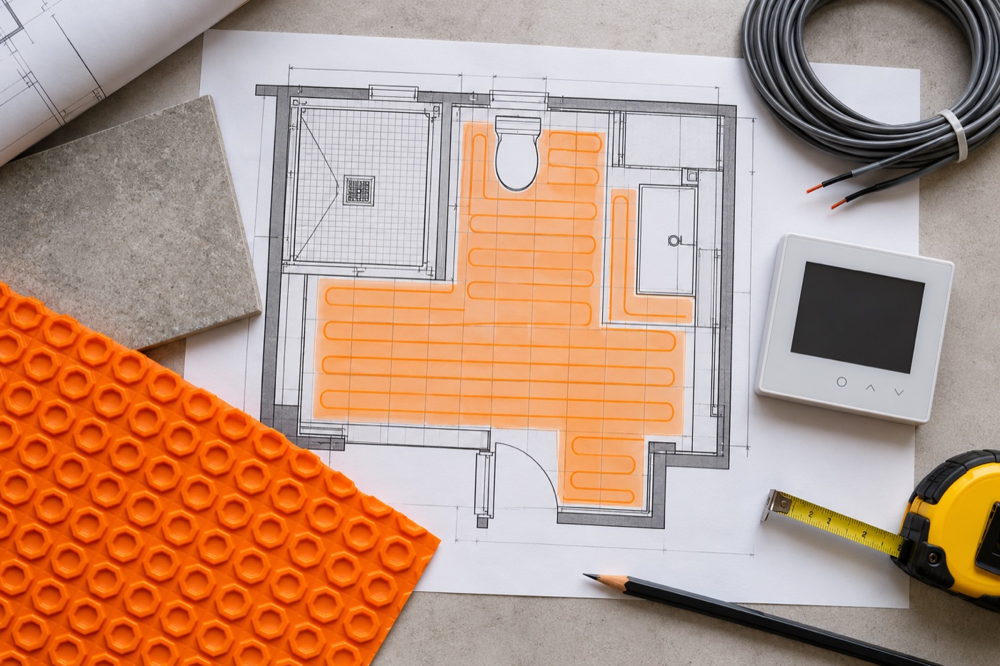 Bathroom floor plan with the heated zone marked out beside a floor heating thermostat, tile sample and uncoupling membrane