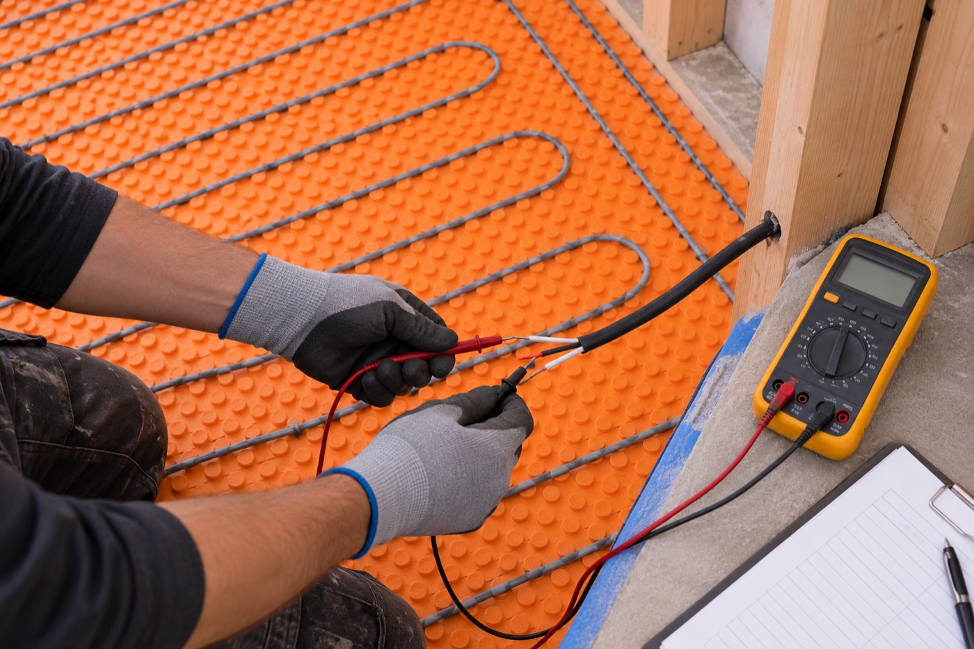 Electrician measuring heating cable resistance with a multimeter and recording the reading on a test log before tile installation