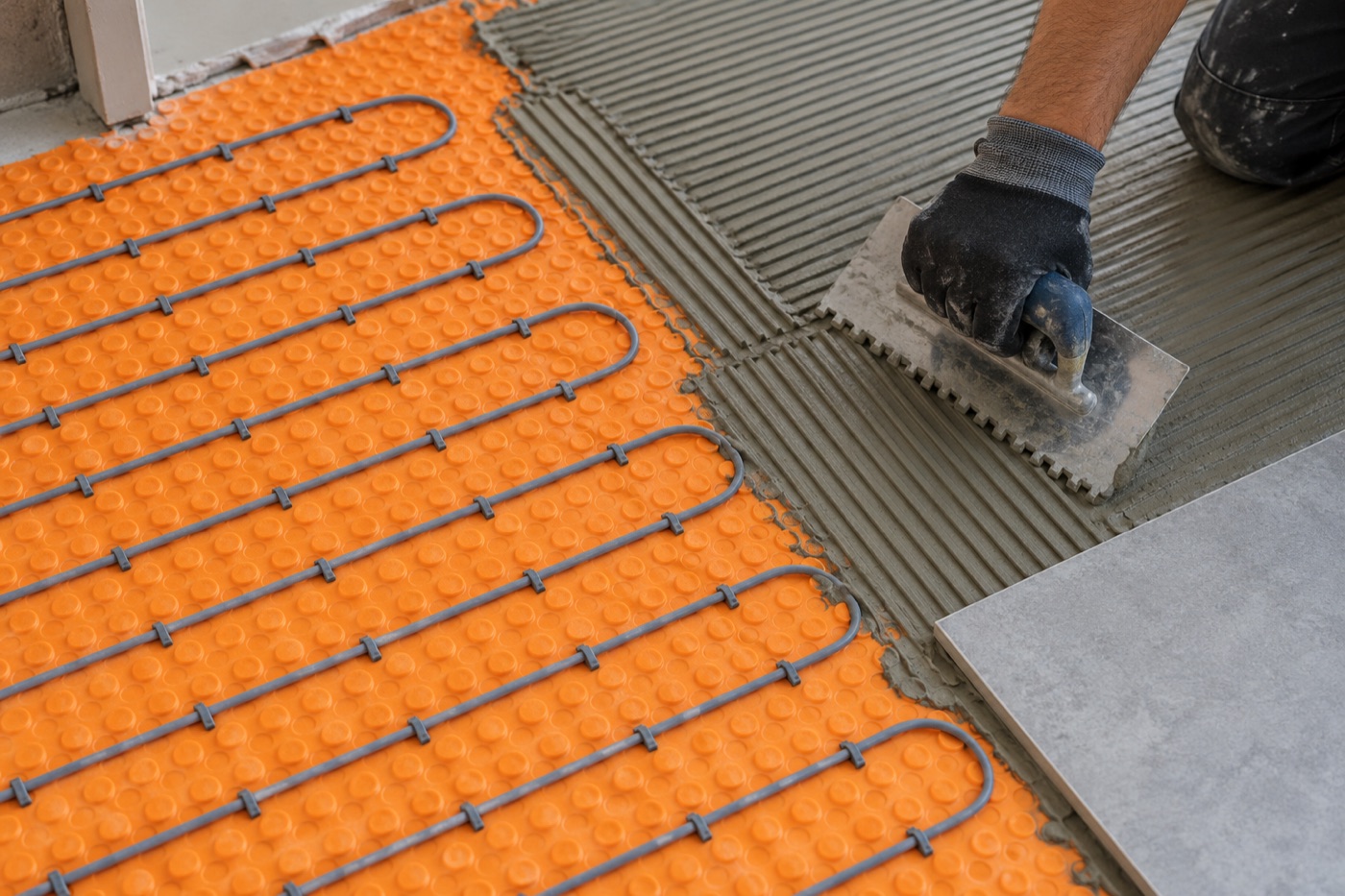 Tiler combing thin-set mortar over electric heating cable set in an uncoupling membrane before laying large format floor tile
